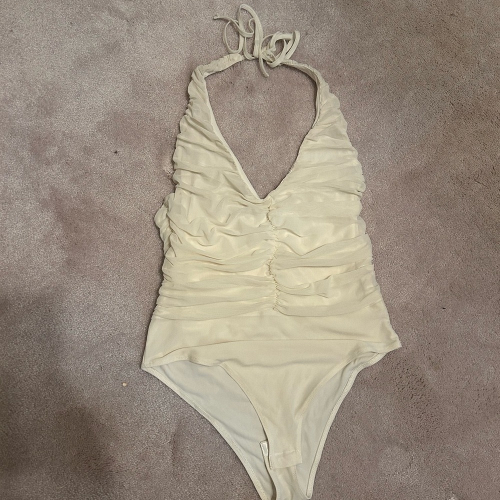 Cream Ruched Halter Bodysuit